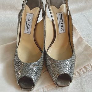 Jimmy Choo Silver Nova Glitter sling back pumps